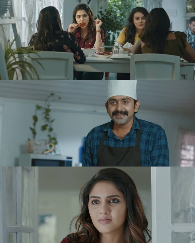 Kera Swad coconut oil advertisement film still featuring a warmly lit home interior with women dining together, a friendly chef in a kitchen, and a close-up portrait of a woman framed in soft natural daylight, showcasing authentic lifestyle cinematography by Arun Sivan.